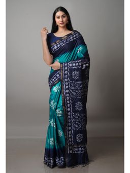 Unnati Silks - Green & Navy Blue Pure Batik Chanderi Silk Saree with Unstitched Blouse
