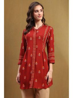 Biba - Womens Red Rayon Straight Kurti