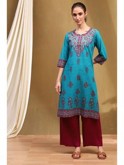Biba - Womens Cyan Blue Cotton Printed Straight Kurta