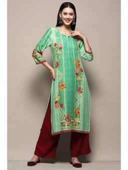 Biba - Womens Green Floral Rayon Straight Kurta