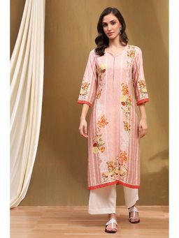 Biba - Womens Pink Floral Rayon Straight Kurta