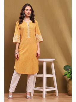 Biba - Womens Mustard Cotton Straight Kurta