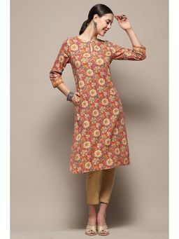 Biba - Womens Red Cotton Floral Printed Straight Kurta