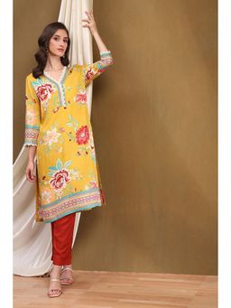 Biba - Womens Yellow Floral Printed Straight Kurta