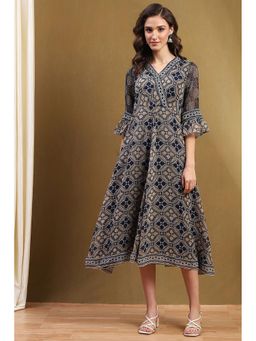 Biba - Womens Blue Georgette Flared Kurta
