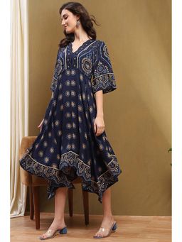 Biba - Womens Navy Blue Rayon Flared Kurta