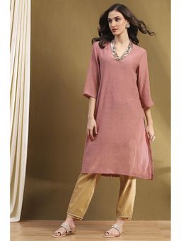 Biba - Womens Pink Polyester Straight Kurta