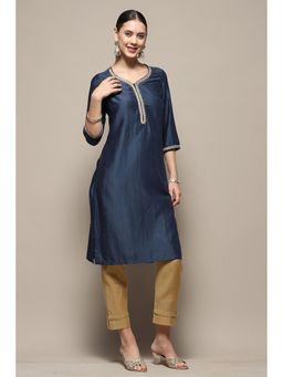 Biba - Womens Blue Embellished Straight Kurta
