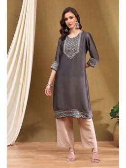 Biba - Womens Grey Silk Yard Dyed Straight Kurta