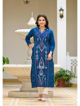 Juniper - Blue Ikat Printed Rayon Kurta
