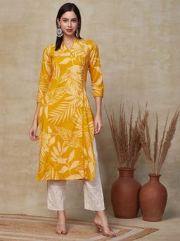FASHOR - Yellow Floral Printed Straight Fit Kurta
