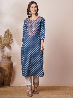 FASHOR - Blue Floral Printed and Embroidered Straight Fit Kurta