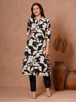 FASHOR - Black Floral Printed A-Line Kurta