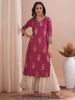 FASHOR - Pink Floral Foil Printed Straight Fit Kurta