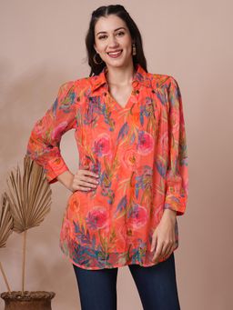 FASHOR - Orange Floral Printed A-Line Short Kurti