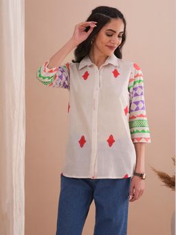 FASHOR - Off White Geometric Printed Straight Fit Kurti