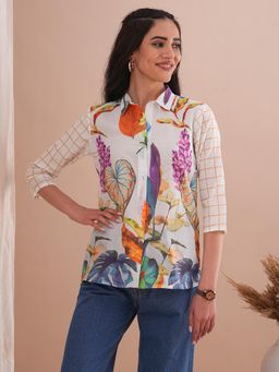 FASHOR - White Abstract Floral Printed Straight Fit Kurti