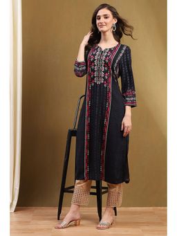 Biba - Womens Black Floral Straight Rayon Kurta