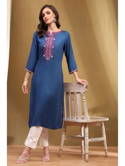 Biba - Womens Blue Straight Rayon Kurta