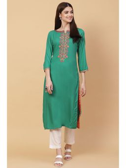Biba - Womens Green Straight Rayon Kurta
