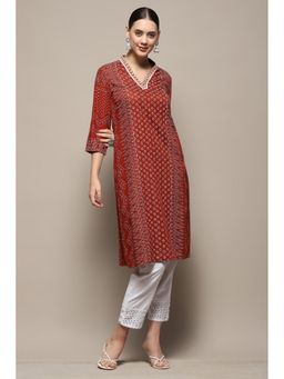 Biba - Womens Rust Printed Regular Straight Fit Kurta