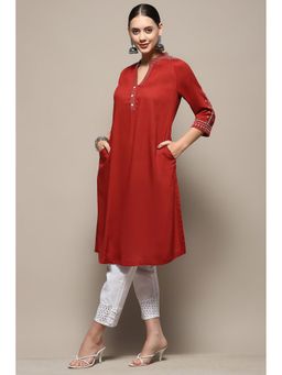Biba - Womens Maroon Solid Regular Straight Fit Kurta