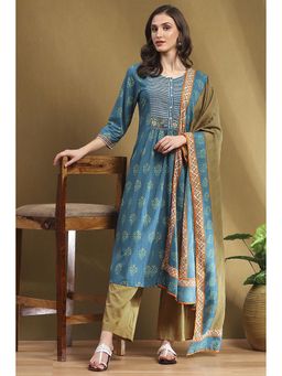 Biba - Blue Cotton Yard Dyed Straight Kurta and Pant with Dupatta (Set of 3)