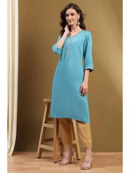 Biba - Womens Blue Rayon Straight Kurta