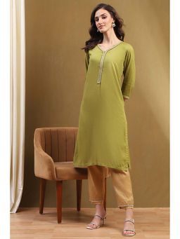Biba - Womens Green Rayon Straight Kurta
