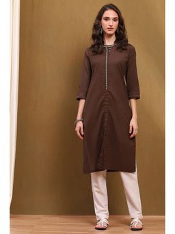 Biba - Womens Brown Cotton Blend Straight Kurta