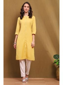 Biba - Womens Yellow Cotton Blend Straight Kurta