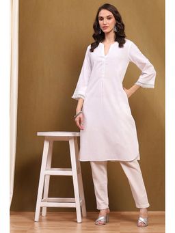 Biba - Womens White Cotton Blend Straight Kurta