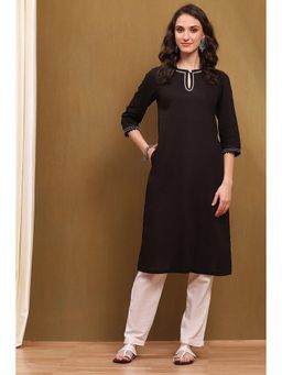 Biba - Womens Black Cotton Blend Straight Kurta