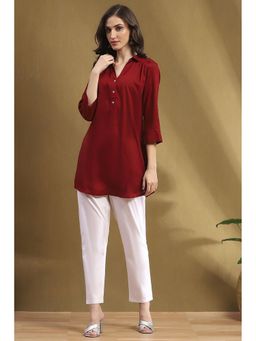 Biba - Womens Red Rayon Straight Kurti