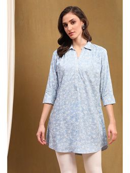 Biba - Womens Sky Blue Printed Straight Short Kurti