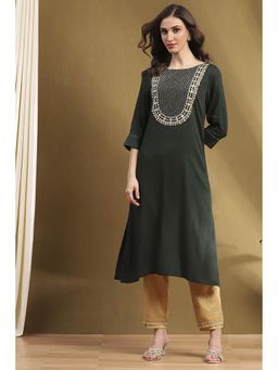 Biba - Womens Green Rayon Straight Kurta
