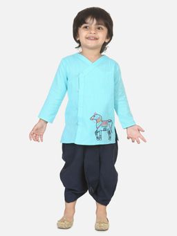 BownBee - Horse Embroidery Front Open Dhoti Kurta- Blue (Set of 2)