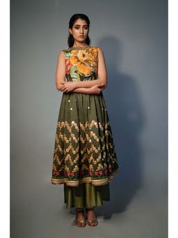 Saksham & Neharicka - Olive Embellished Kurta In Chanderi (Set of 2)