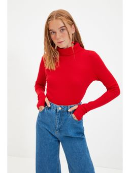 Trendyol - Red Semi-fit Solid-plain Round Neck Top