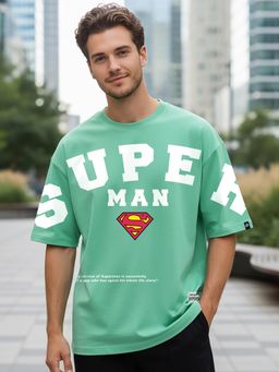 Bewakoof - Official DC Men's Granite Green Superman Graphic Printed Oversized T-shirt