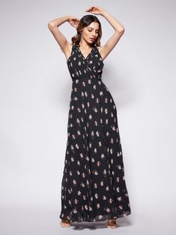 Twenty Dresses by Nykaa Fashion - Black And Multicolor Floral Fit And Flare Maxi Dress