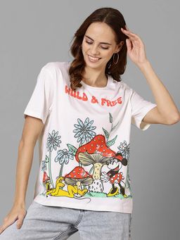 Free Authority - Off White Minnie Oversized Round Neck Beige T-Shirt for Young Women