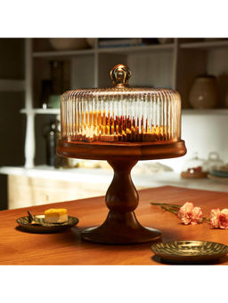 Ellementry - Fluted Glass Cloche With Wooden Stand - For Kitchen & Dining Room Table