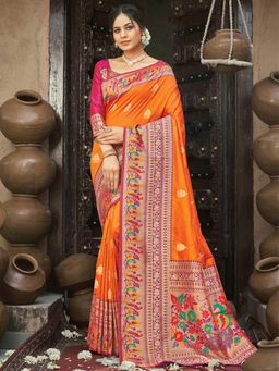 Odette - Womens Orange Paithani Silk Woven Design Saree with Unstitched Blouse