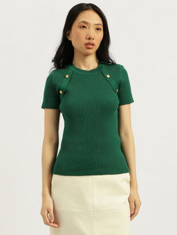 United Colors of Benetton - Women Green Round Neck Ribbed Top