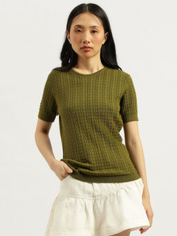 United Colors of Benetton - Women Olive Round Neck Cable Knitted Top