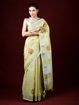 EXCLUSIVA - Green Linen Saree Embroidery and Thread Work with Unstitched Blouse