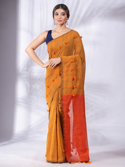 CHARUKRITI - Mustard Pure Cotton Handwoven Soft Saree & Tassels Pallu with Unstitched Blouse