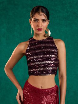 Gajra Gang - Glitterati Maroon Sequin and Fur Embellished Crop Top