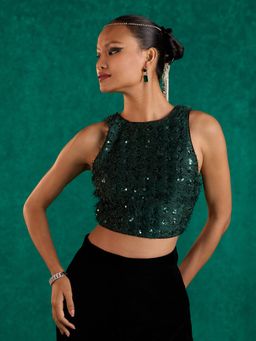 Gajra Gang - Glitterati Green Sequin and Fur Embellished Crop Top
